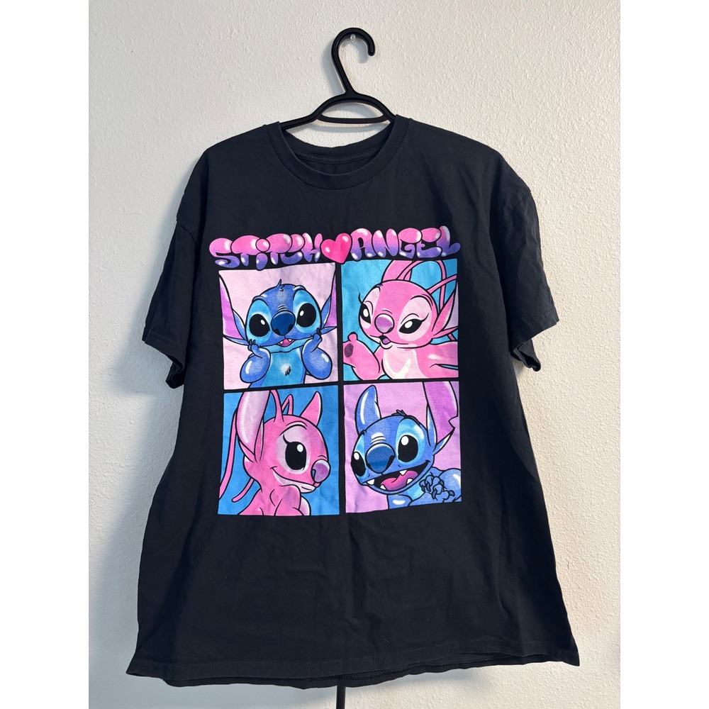 Disney Lilo & Stitch Angel Graphic T-Shirt Black XL Short Sleeve Crewneck Cotton